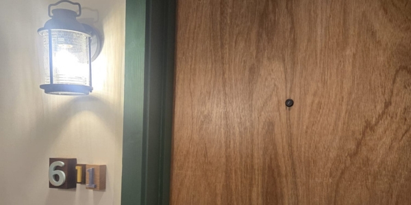 a wooden hotel room door with a lantern style light on the wall and room number next  to it